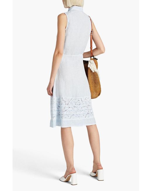 120% Lino Blue Lace-paneled Linen Shirt Dress