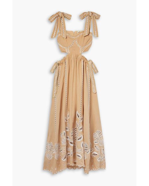 Farm Rio Natural Open-back Scalloped Broderie Anglaise Linen-blend Midi Dress