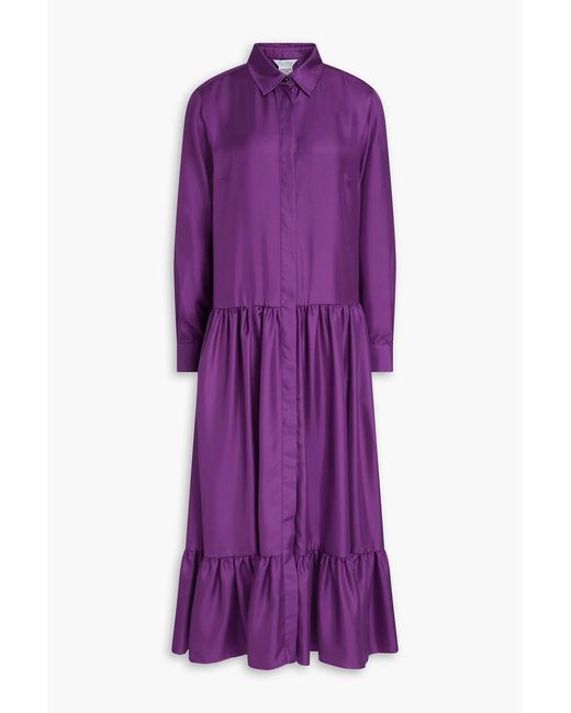 Max Mara Purple Yard Tiered Silk-Twill Midi Shirt Dress