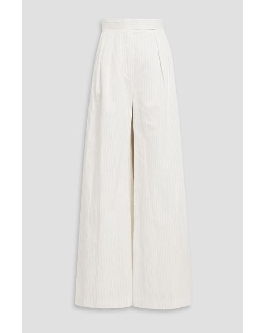 Max Mara White Pleated Striped Cotton And Linen-blend Wide-leg Pants