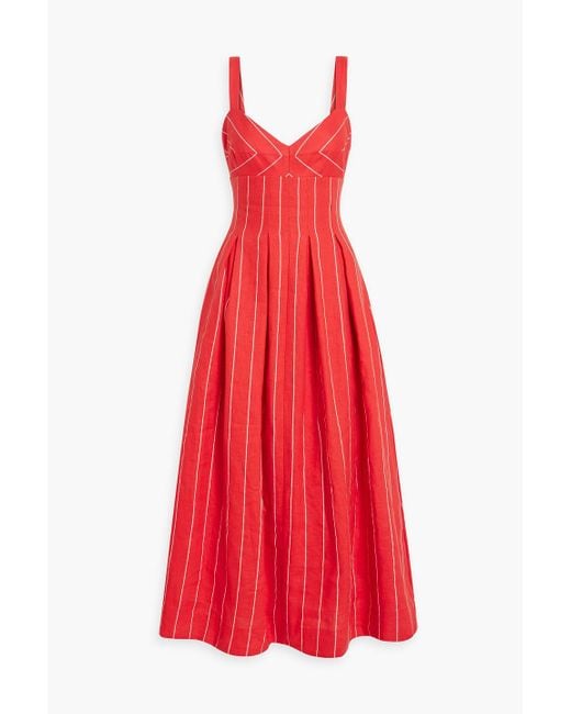 Nicholas Red Selene Pleated Striped Linen-blend Maxi Dress