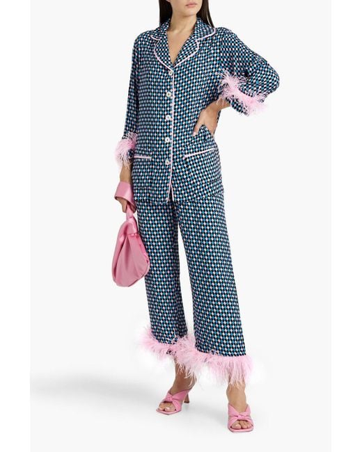 Sleeper Blue Party Feather-trimmed Printed Twill Pajama Set