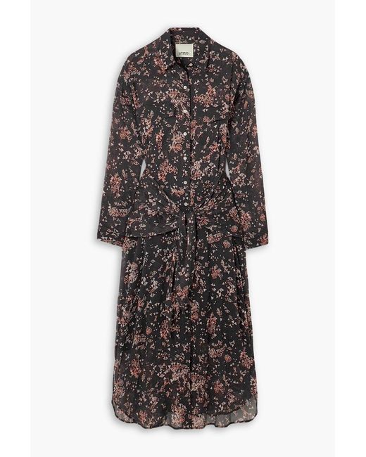 Isabel Marant Black Anesy Gathered Printed Cotton And Silk-Blend Crepon Midi Shirt Dress