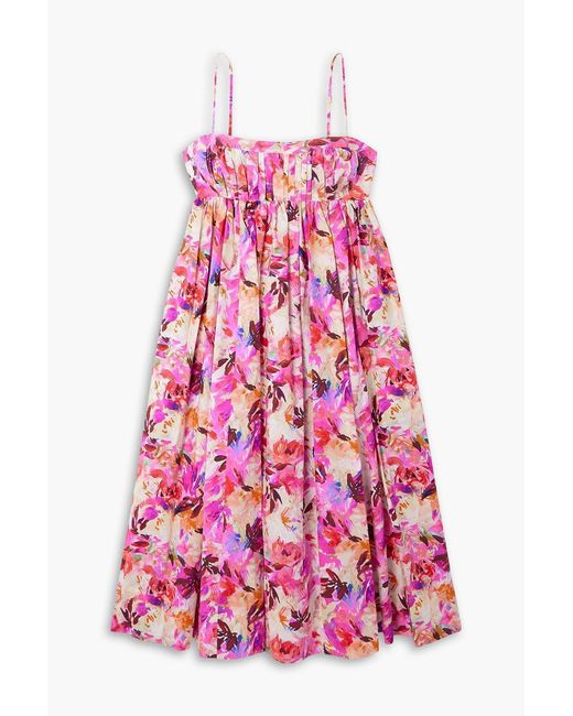 Ulla Johnson Pink Lucille Pleated Floral-Print Cotton-Poplin Midi Dress