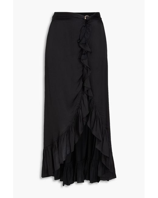 Maje Black Ruffled Satin Midi Skirt