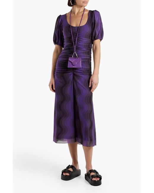 Ganni Purple Ruched Printed Stretch-mesh Midi Dress