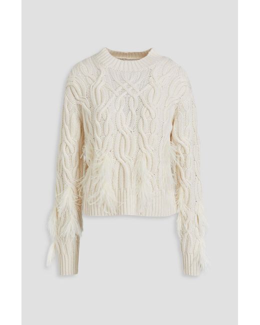 Vince White Feather-embellished Cable-knit Wool And Cashmere-blend Turtleneck Sweater