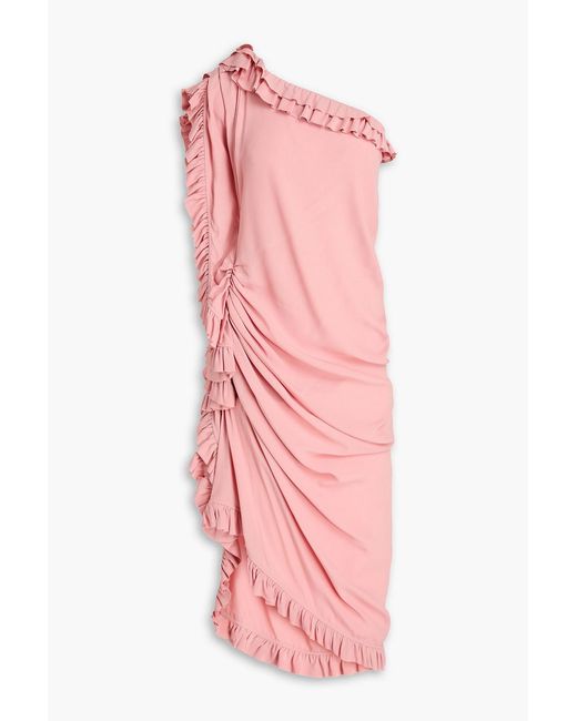 Dries Van Noten Pink One-shoulder Ruffled Crepe De Chine Midi Dress