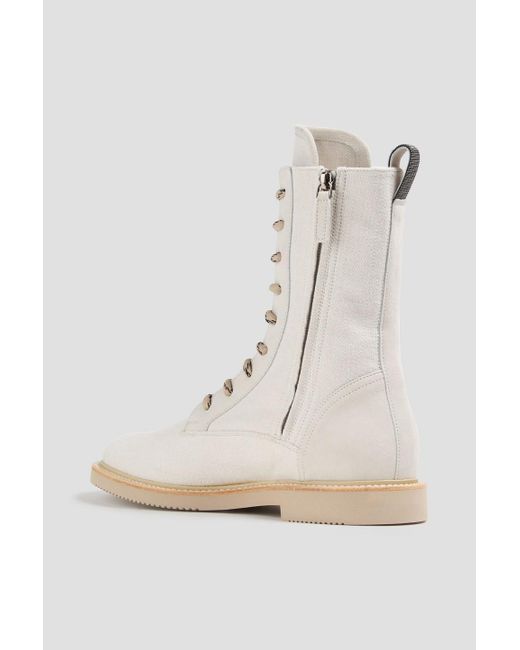 Brunello Cucinelli White Bead-embellished Canvas Combat Boots