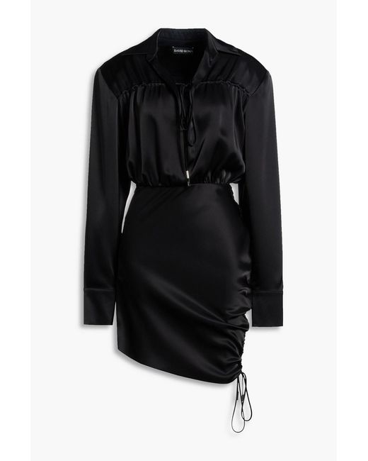 David Koma Black Ruched Wool-blend Satin Mini Shirt Dress