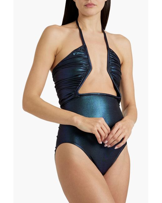 Rick Owens Blue Prong Ruched Iridescent-effect Halterneck Swimsuit