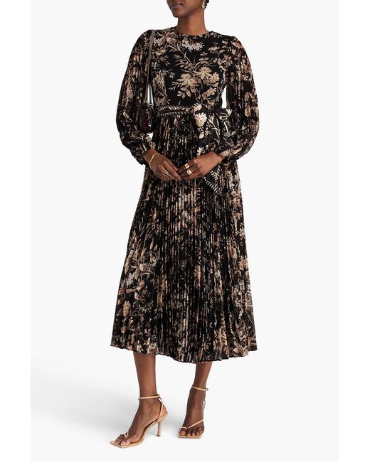 Zimmermann Black Pleated Floral-print Georgette Midi Dress