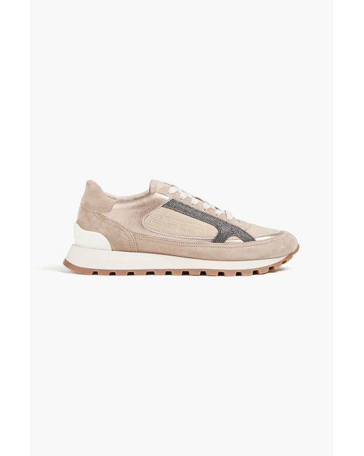Brunello Cucinelli Natural Sneakers aus veloursleder mit zierperlen