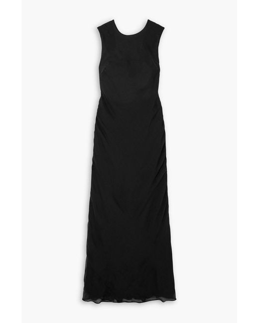 St. Agni Black Open-Back Ruched Pinstriped Silk-Voile Maxi Dress