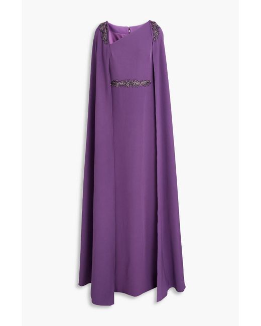 Marchesa Purple Cape-Effect Bead-Embellished Crepe Gown