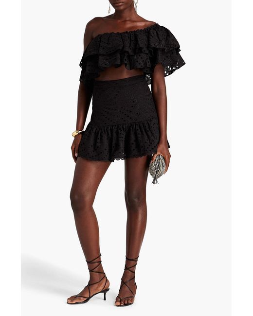 Charo Ruiz Black Flamingo One-shoulder Cropped Broderie Anglaise Cotton-blend Top