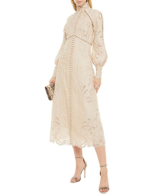 Zimmermann Super Eight Embroidered Linen And Silk-blend Gauze Midi Dress in  Natural | Lyst