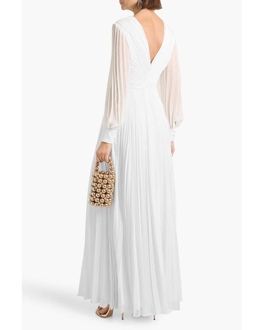 Badgley Mischka White Pleated Crepe De Chine Maxi Dress