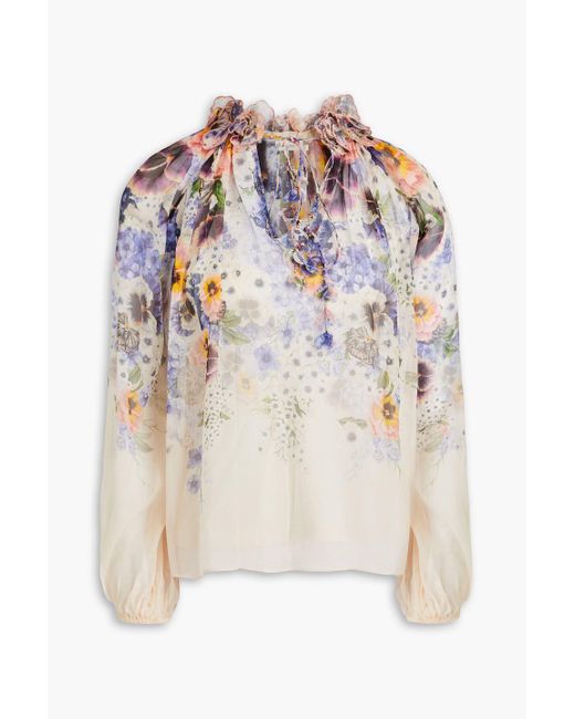 Zimmermann White Verzierte bluse aus seidenkrepon mit floralem print