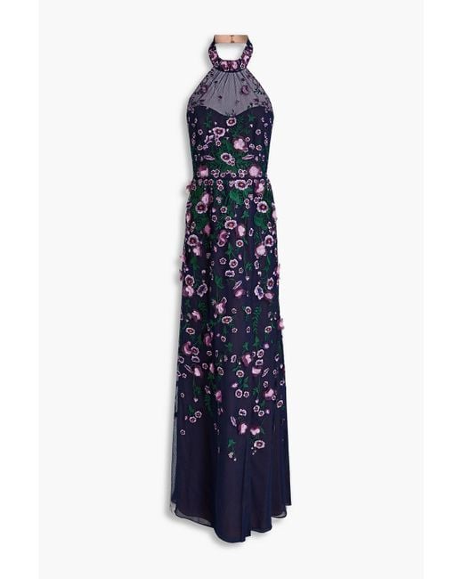 Marchesa Blue Embroidered Tulle-paneled Chiffon Gown