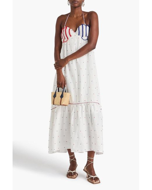 Farm Rio White Bead-Embellished Linen-Blend Halterneck Midi Dress