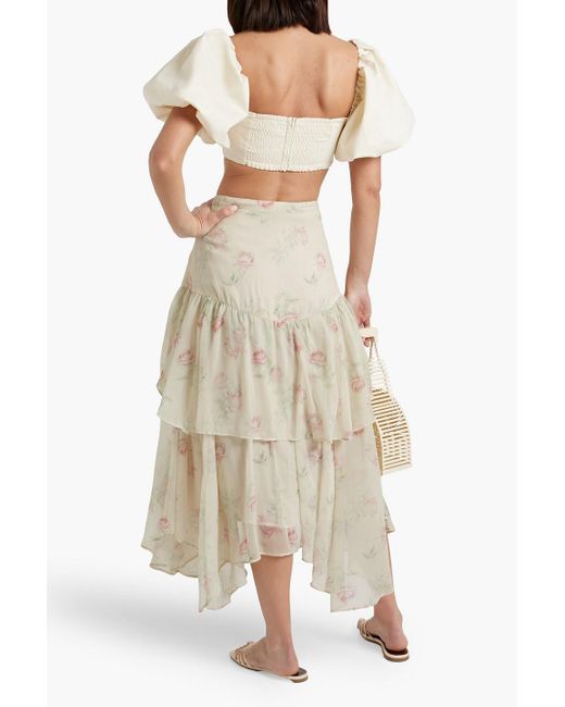 LoveShackFancy Natural Alex Ruffled Floral-print Georgette Midi Skirt