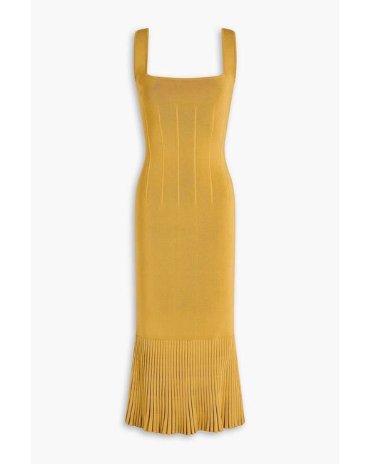 Galvan Yellow Atalanta Pleated Metallic Stretch-knit Midi Dress