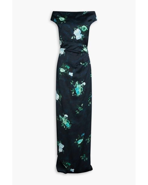 Erdem Blue Off-The-Shoulder Floral-Print Satin-Twill Gown