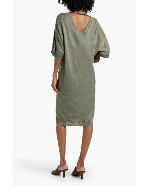Brunello Cucinelli Green Embellished Linen And Silk-blend Midi Dress