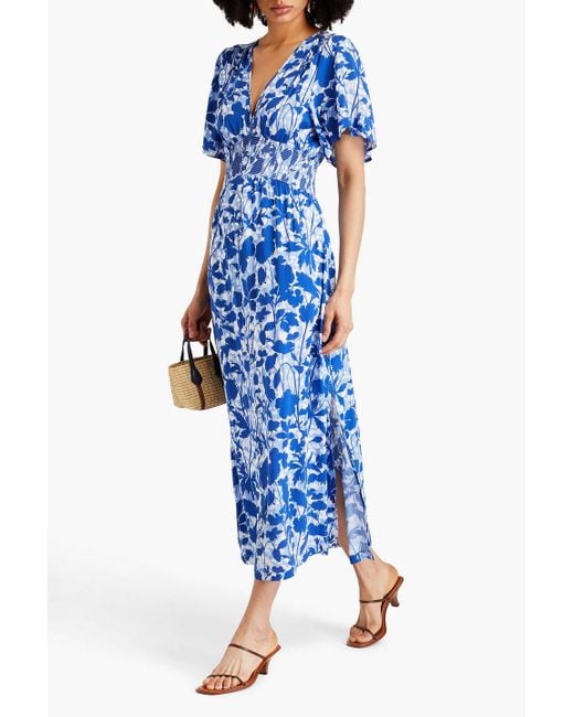 Heidi Klein Blue Tuscany Shirred Floral-print Woven Midi Dress
