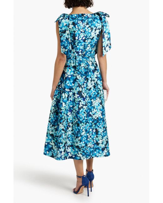 Badgley Mischka Blue Floral-print Satin-twill Midi Dress