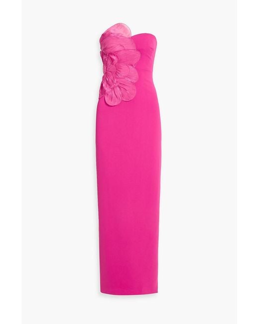 Badgley Mischka Pink Strapless Floral-Appliquéd Crepe Gown