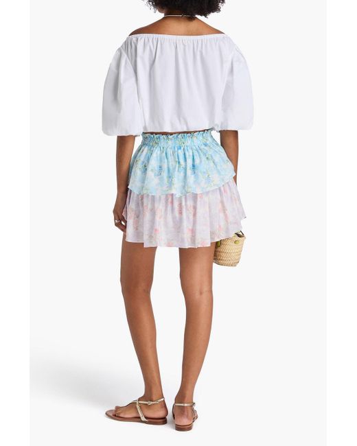 LoveShackFancy Blue Minirock aus seidenchiffon mit floralem print und rüschen