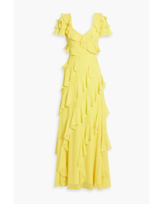 Badgley Mischka Yellow Ruffled Crepe Maxi Dress