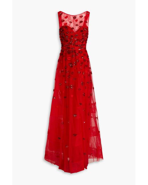 Zuhair Murad Red Embellished Corded Lace-paneled Silk-blend Tulle Gown
