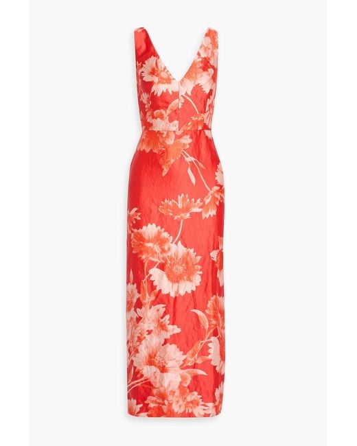 Erdem Red Floral-Print Satin-Twill Midi Dress