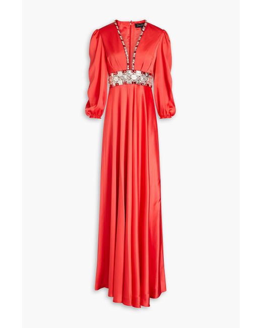 Jenny Packham Red Embellished Satin-crepe Gown