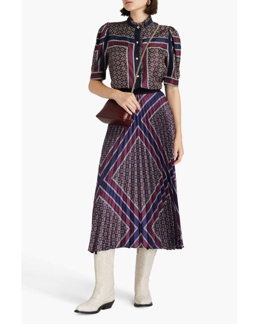Sandro Purple Pleated Printed Satin-twill Midi Skirt
