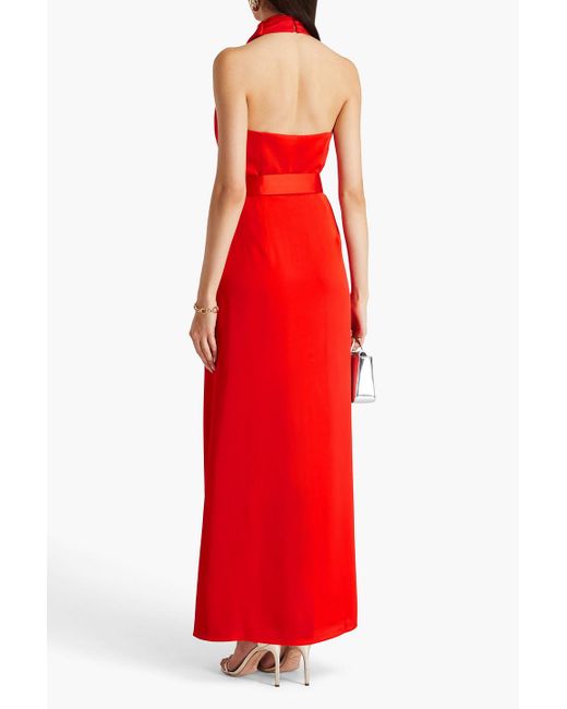 Nicholas Red Belted Wrap-effect Satin-crepe Halterneck Gown