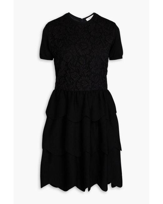 Valentino Garavani Black Tiered Wool And Corded Lace Mini Dress