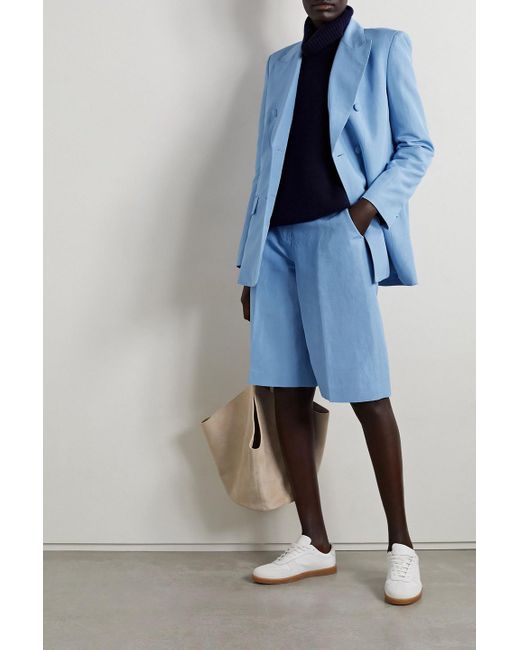 Lafayette 148 New York Blue Trinity Double-breasted Silk And Linen-blend Blazer