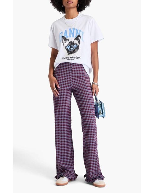 Ganni Purple Gingham Seersucker Flared Pants