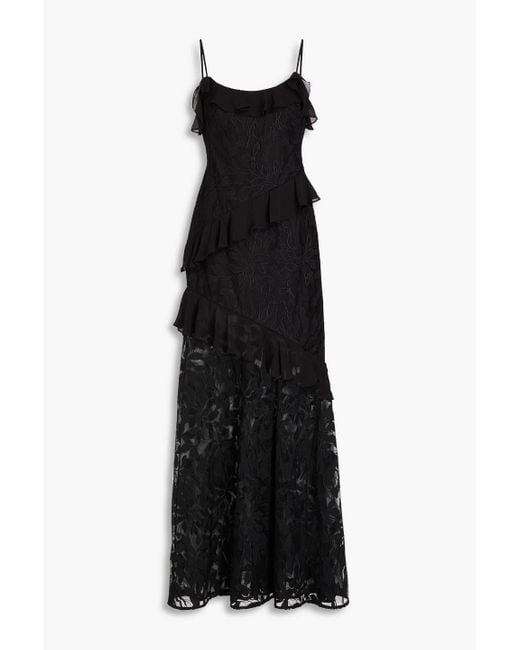 ML Monique Lhuillier Black Cold-shoulder Ruffled Embroidered Tulle Gown