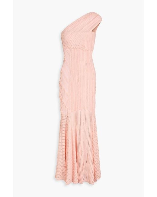 Charo Ruiz Pink One-Shoulder Fluted Stretch-Lace Maxi Dress