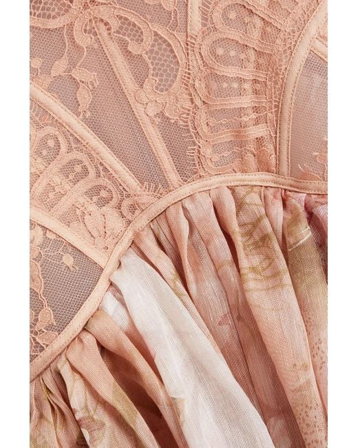 Zimmermann Pink Dancer Lace-paneled Floral-print Silk And Linen-blend Mini Dress