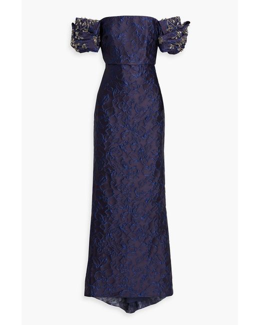 Badgley Mischka Blue Off-The-Shoulder Embellished Jacquard Gown