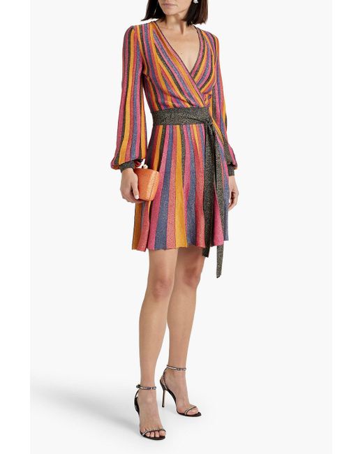 Rebecca Vallance Red Marsha Wrap-effect Metallic Striped Knitted Mini Dress