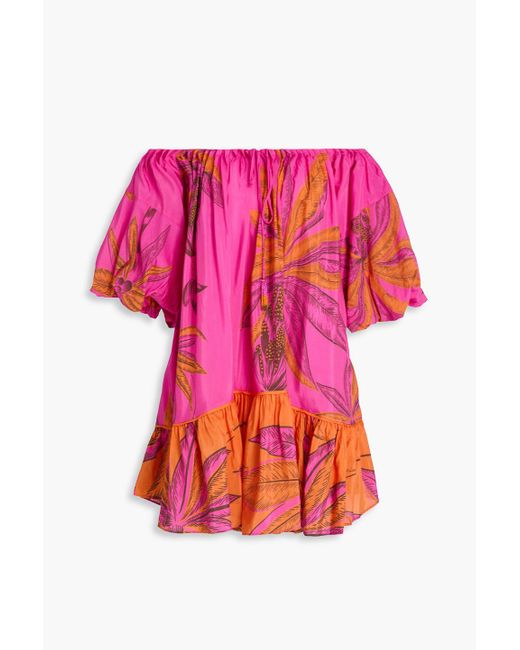 Farm Rio Pink Off-The-Shoulder Printed Cotton-Blend Sateen Mini Dress