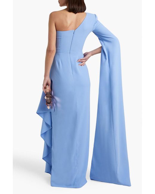 Rhea Costa Blue One-shoulder Draped Crepe Gown