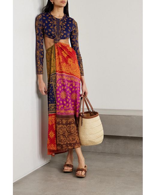 Farm Rio Red Knotted Cutout Printed Jersey Maxi Dress